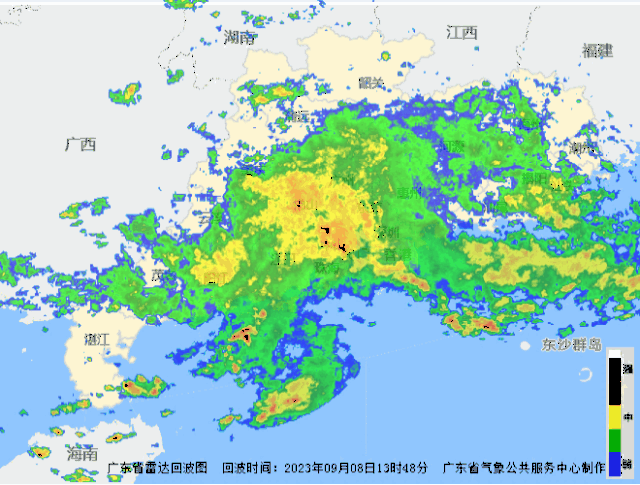 截至今天14：55，佛山、江门、云浮、中山、肇庆等地（15个）暴雨红色预警生效中。图源：广东天气
