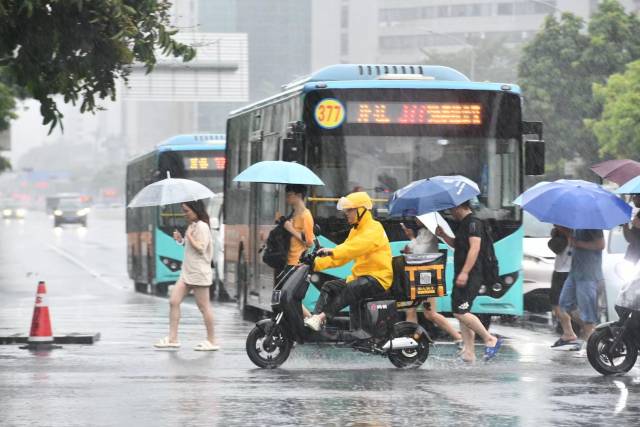 9月8日的深圳，人们在暴雨中出行。图源：新华社