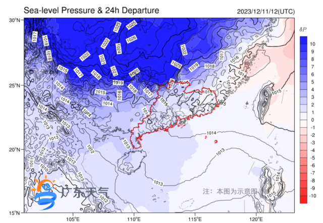 12月11日夜间冷空气南下进程预测图
