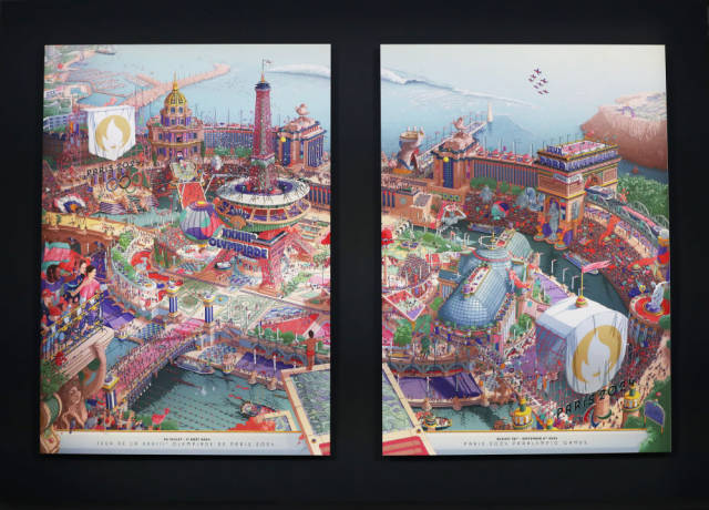 ↑在法国巴黎奥赛博物馆拍摄的奥运巴黎奥运会官方海报（左）和残奥会官方海报。