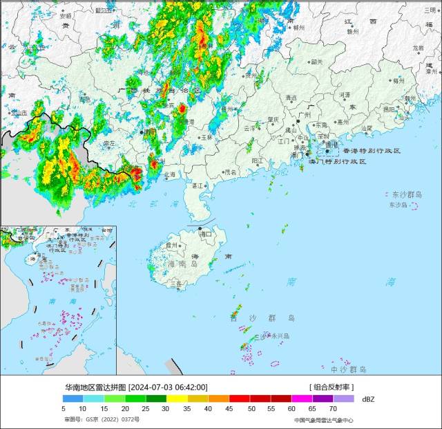 7月3日6时42分，中央气象台华南地区雷达拼图。