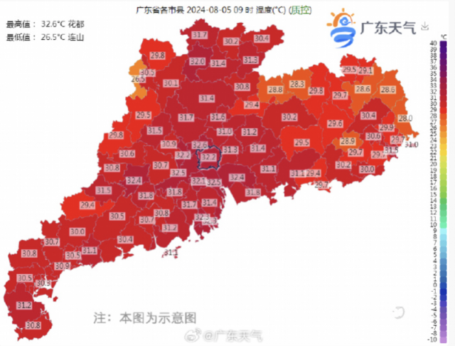 8月5日9时,广东省各市县温度图。