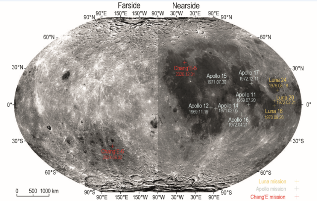 嫦娥六号、嫦娥五号、美国Apollo计划及苏联Luna计划落点示意图