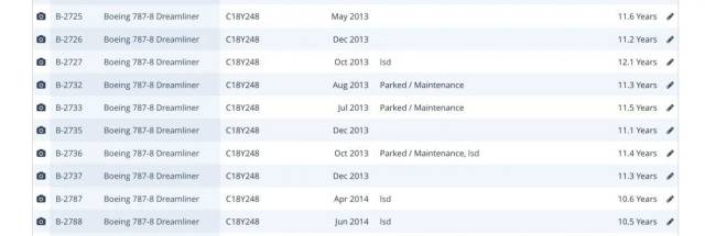图片来源：Planespotters 南航10架波音787-8机龄及注册号